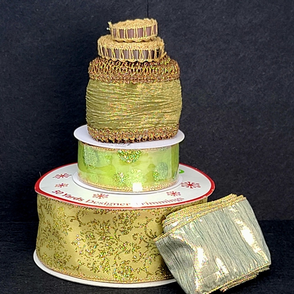 Ribbon Lot Green Gold Glitter Christmas Craft Gift Wrap .5- 2.5 in USED & SEALED